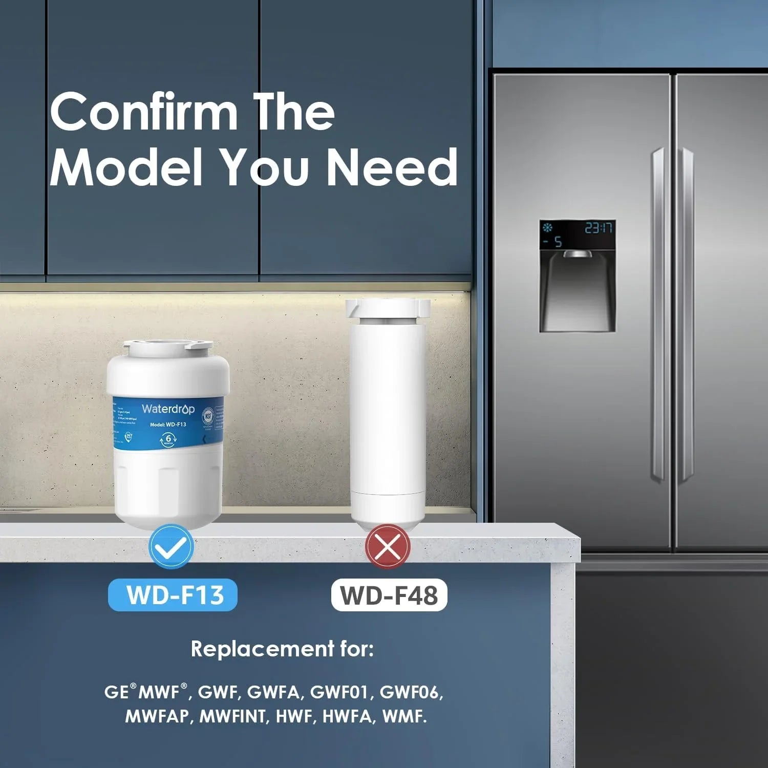 Waterdrop WD-F13 Replacement for GE® MWF®, SmartWater® MWFP, MWFINT, MWFA, GWF, HDX FMG-1, Kenmore® 9991, GSE25GSHECSS, WFC1201 Water Filter, 1 Pack, 2 pack, 3 pack, 4 pack
