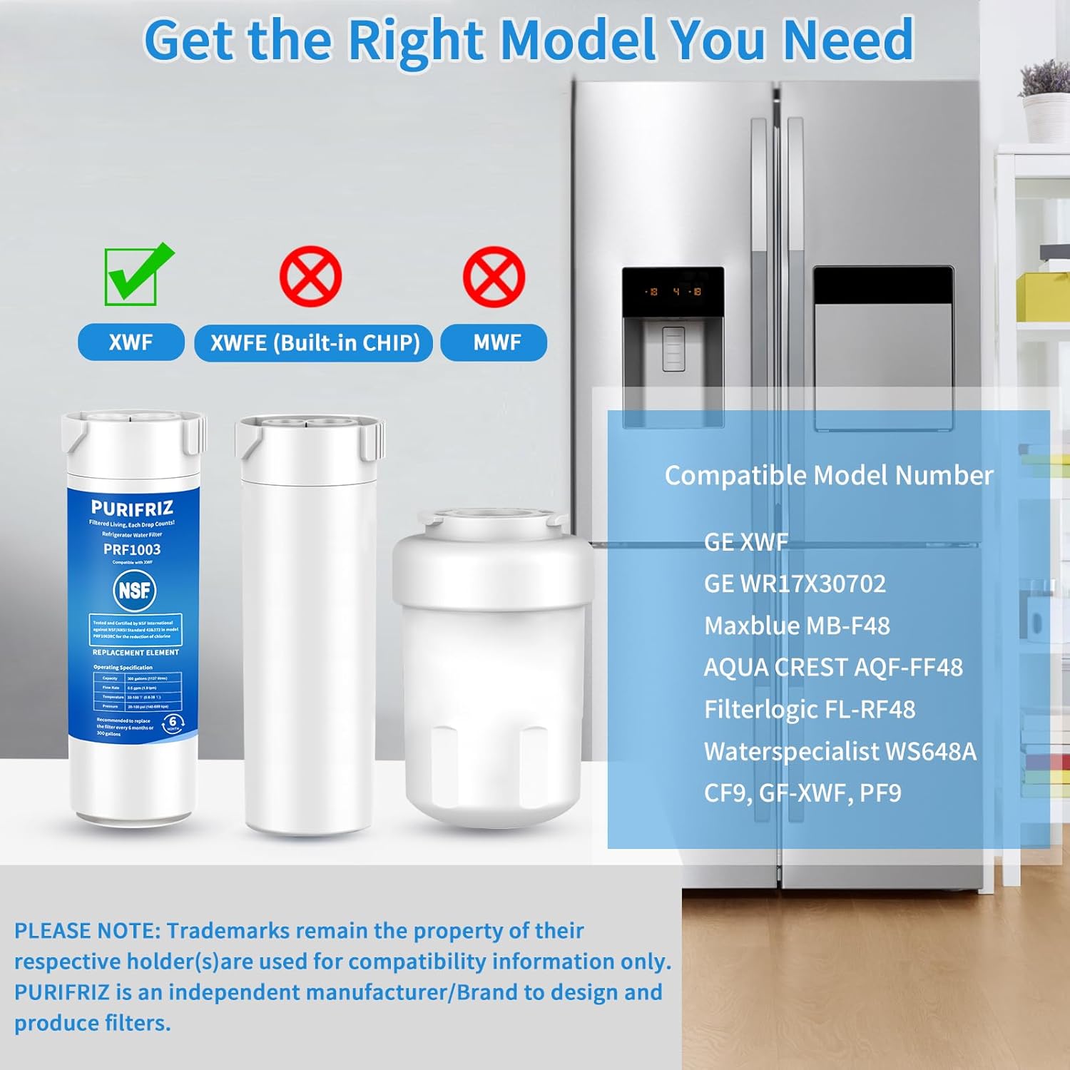 XWF (Not XWFE, NO Chips), Refrigerator Water Filter Compatible with GE XWF, GBE21, GDE21, GDE25, GFE24, NSF/ANSI 42&372 Certified, 6 Month / 300 Gallon 1 pack, 2 pack, 3 pack, 4 pack